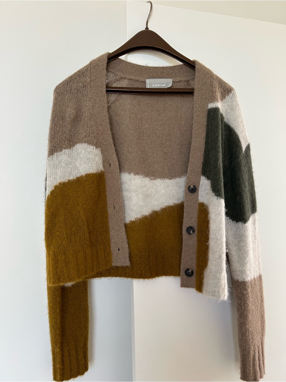 Everlane Colorblock Mohair Blend Cardigan - Brown/Olive/White/Gold